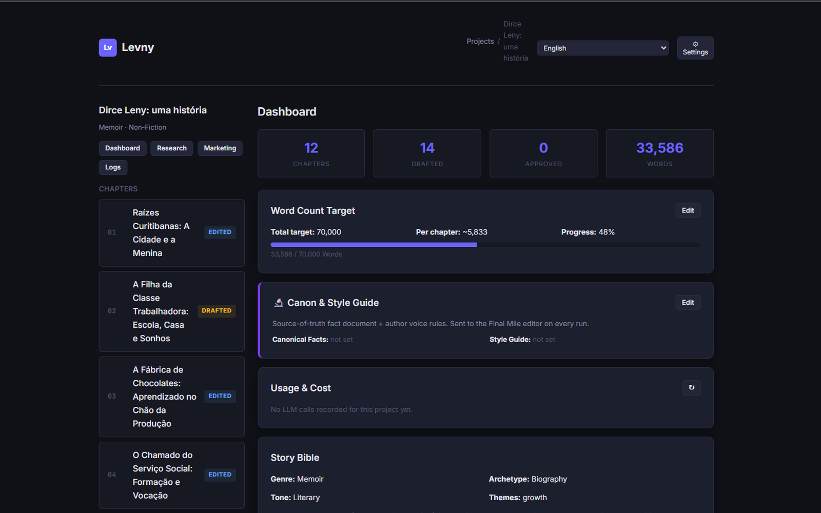 Levny — novel-writing studio dashboard