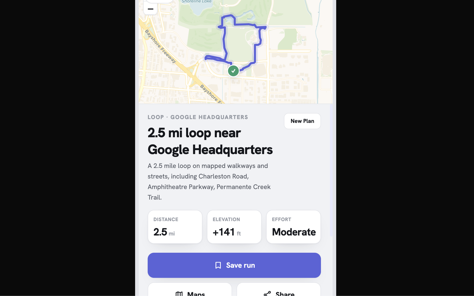 Looper — generated running route on map