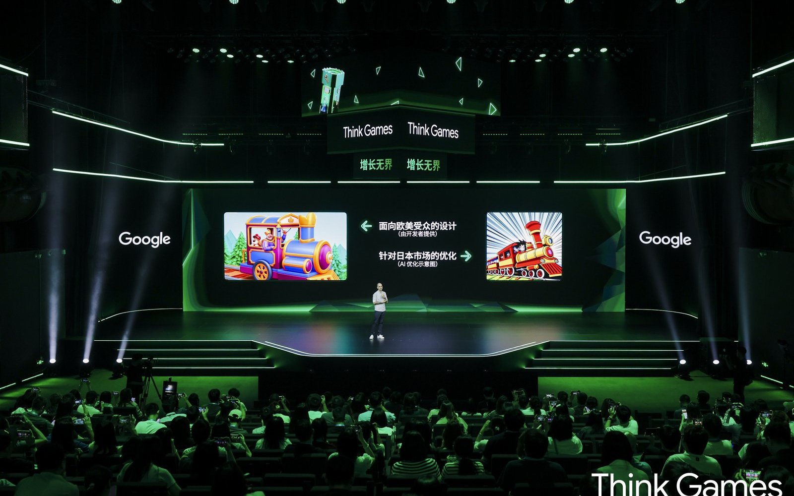 Henrique Loyola presenting the AI localization study on stage at Google Think Games Shanghai